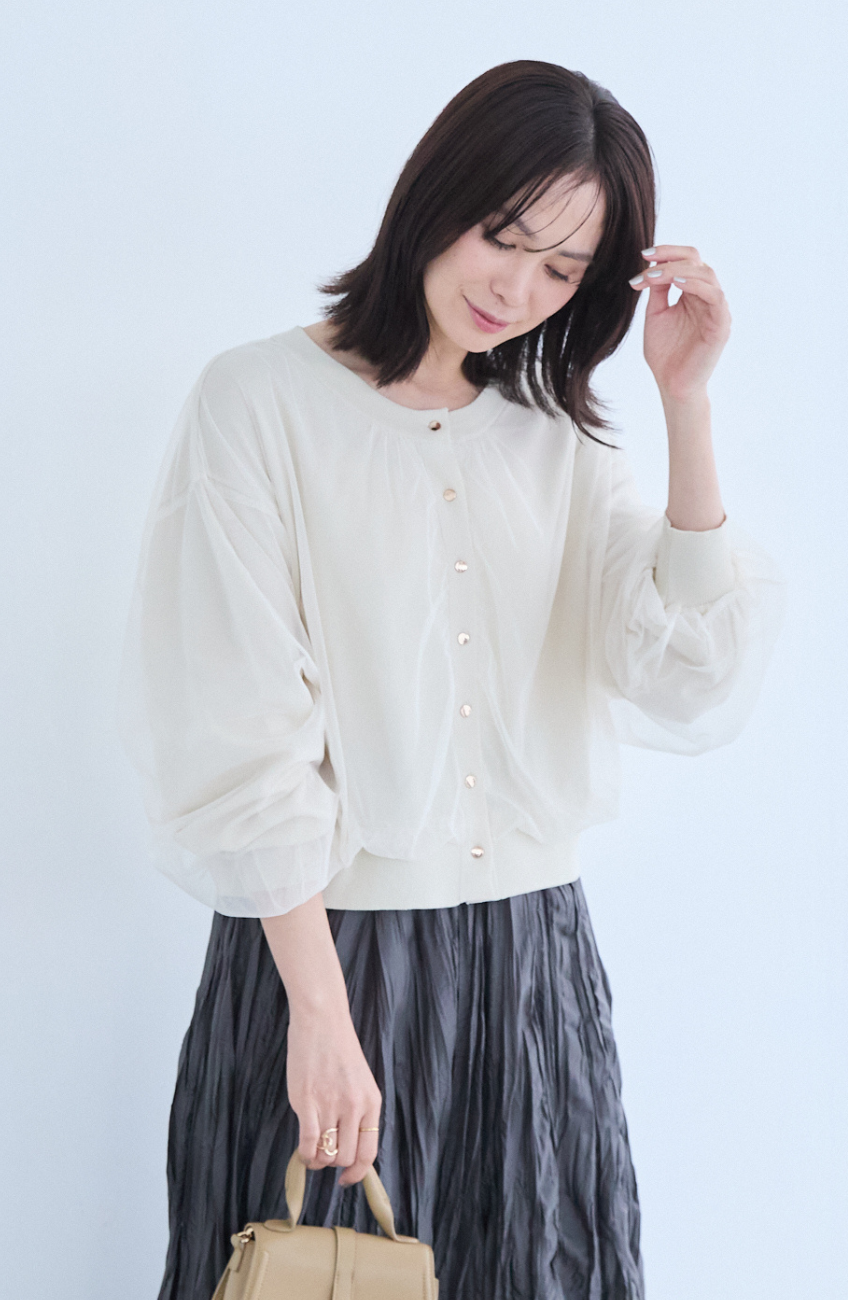 チュールギャザーレイヤーカーディガン