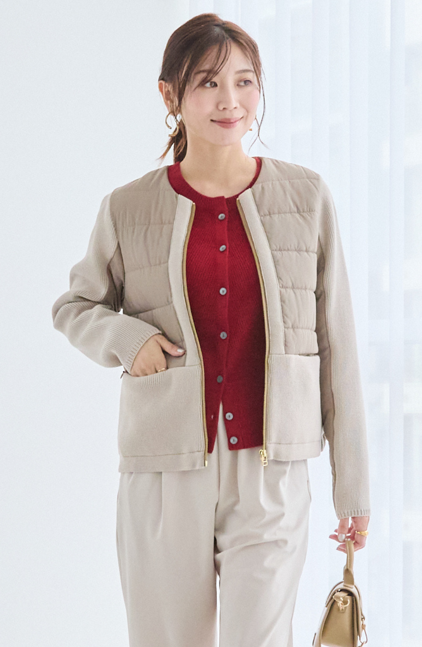 中綿×ニット切替ノーカラージャケット