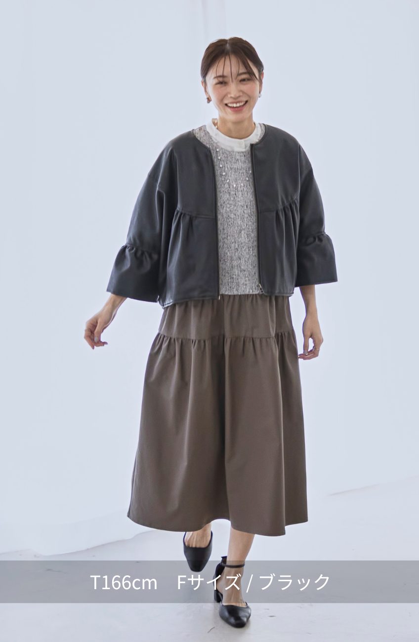 薄中綿ギャザーヨークレザージャケット