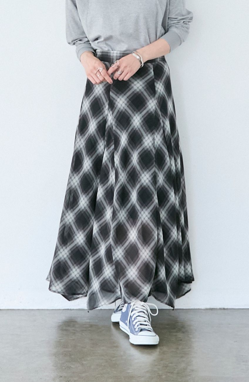 チェックシフォンパネルスカート
