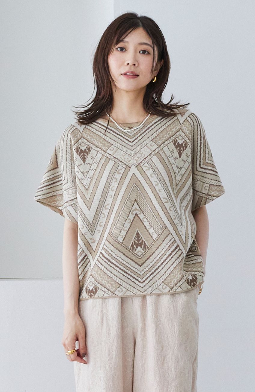 ボヘミアン柄ジャガードニットプルオーバー