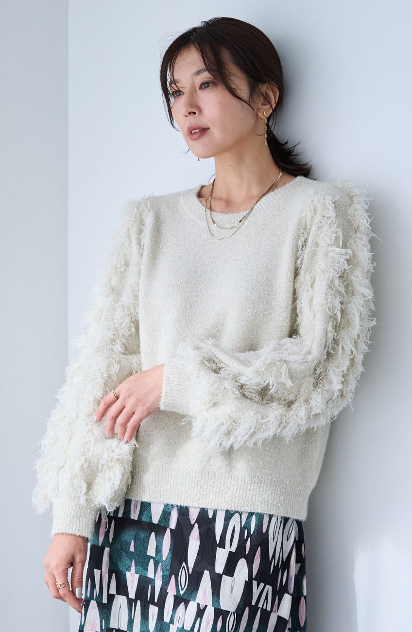 ラメジャガードフリンジスリーブプルオーバー