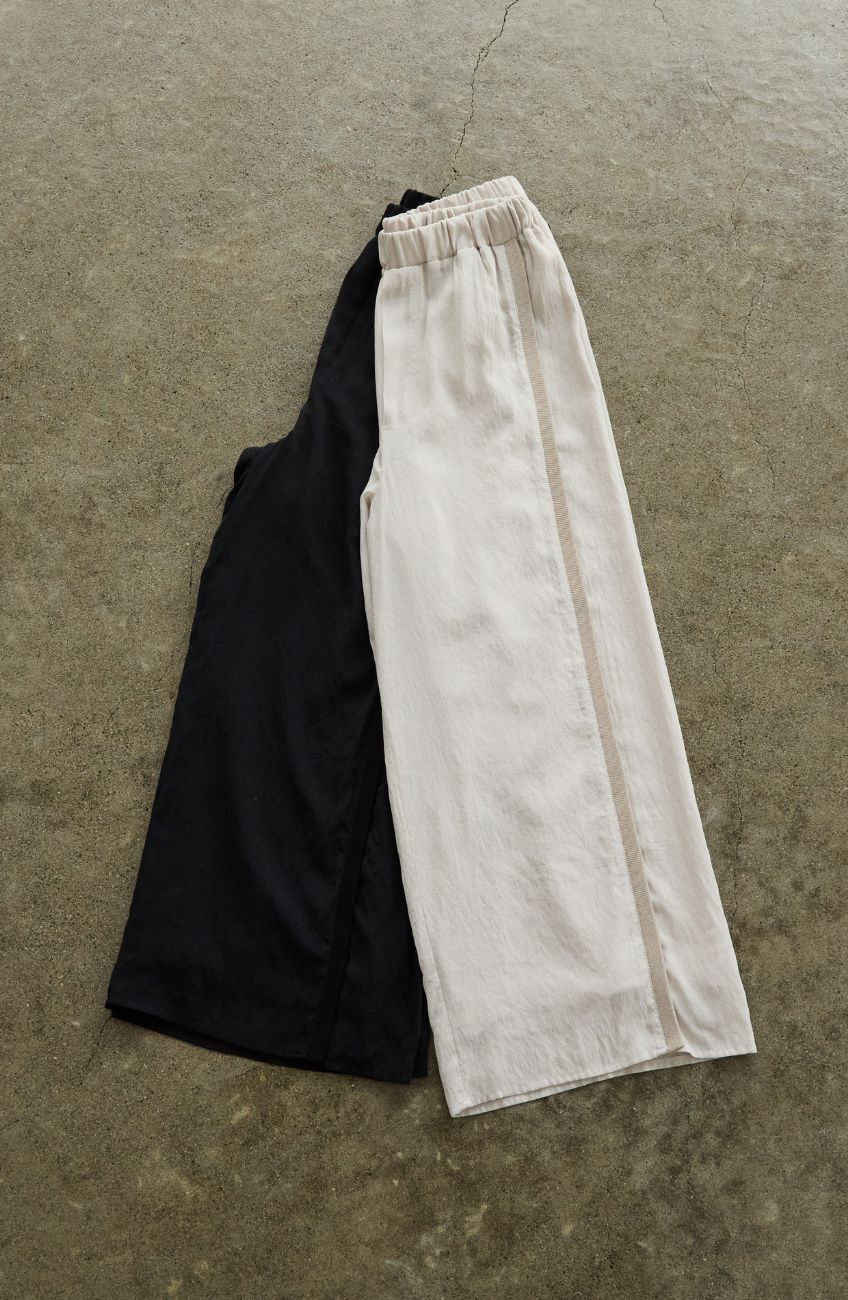 麻調シアーニット切替ストレートパンツ