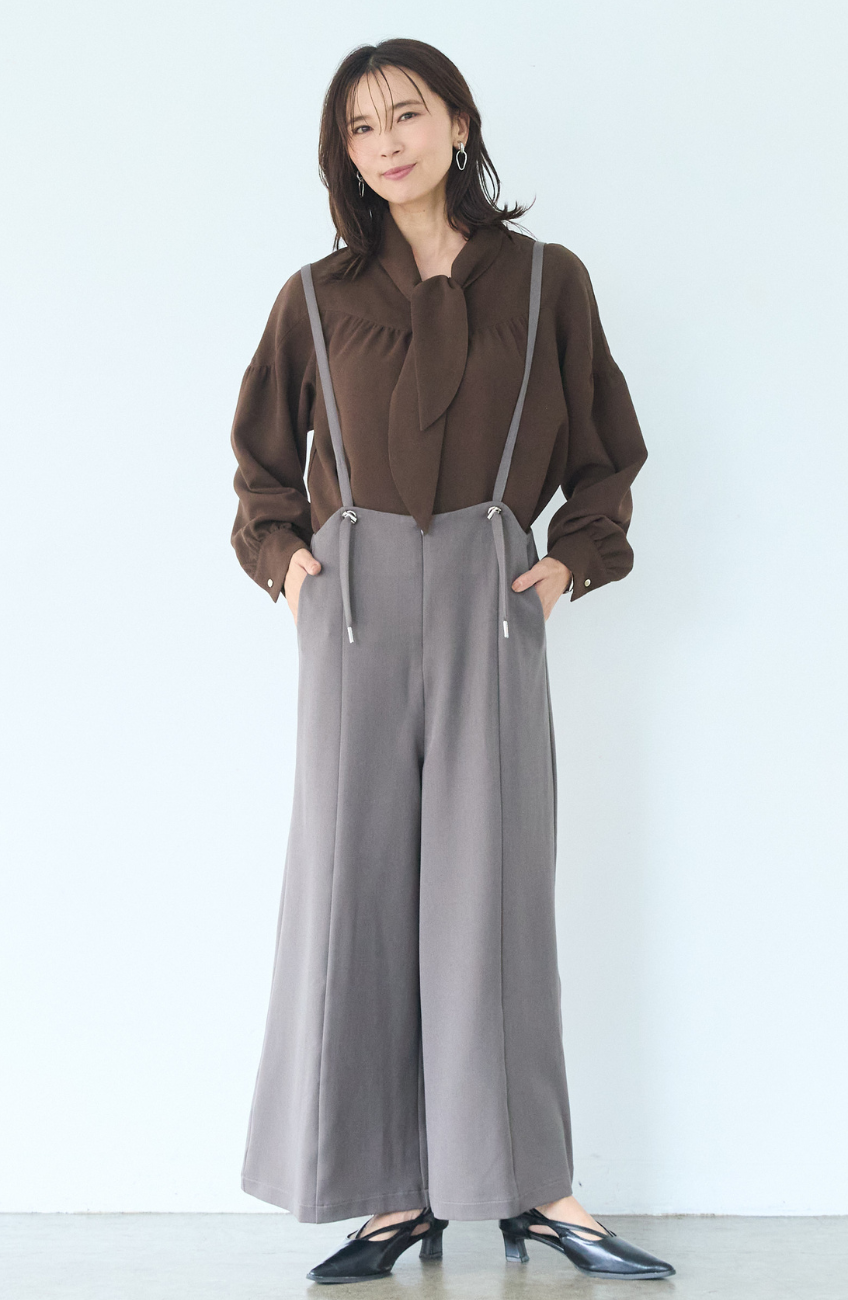 [コーデSET] シルクライクボウタイブラウス＋EC限定 TRドロストオールインワン