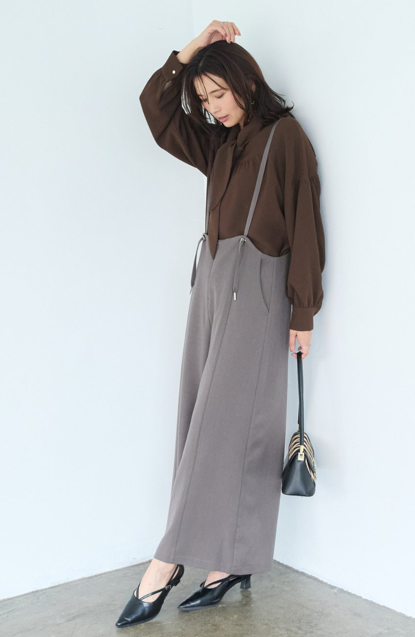 [コーデSET] シルクライクボウタイブラウス＋EC限定 TRドロストオールインワン