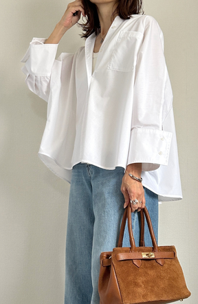 [acoさんコラボ] ノーカラーダブルカフスブラウス