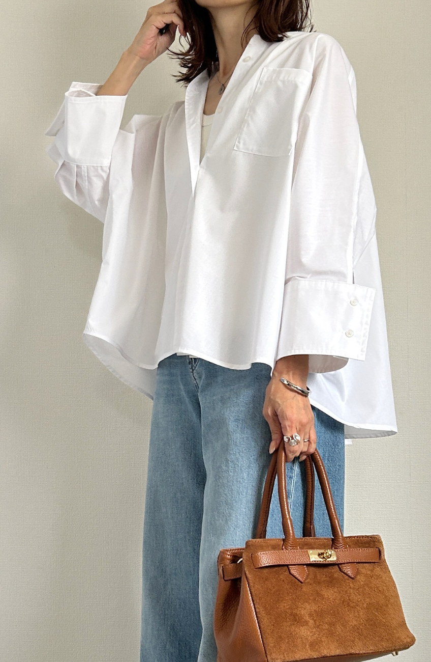 [acoさんコラボ] ノーカラーダブルカフスブラウス