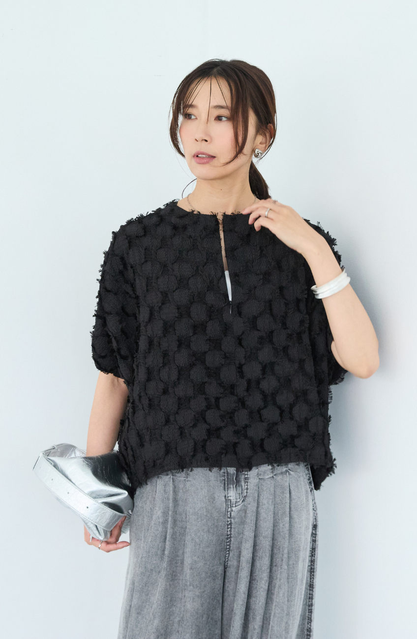 [星 玲奈さんコラボ] ジャガードフリンジ前後2WAYブラウス