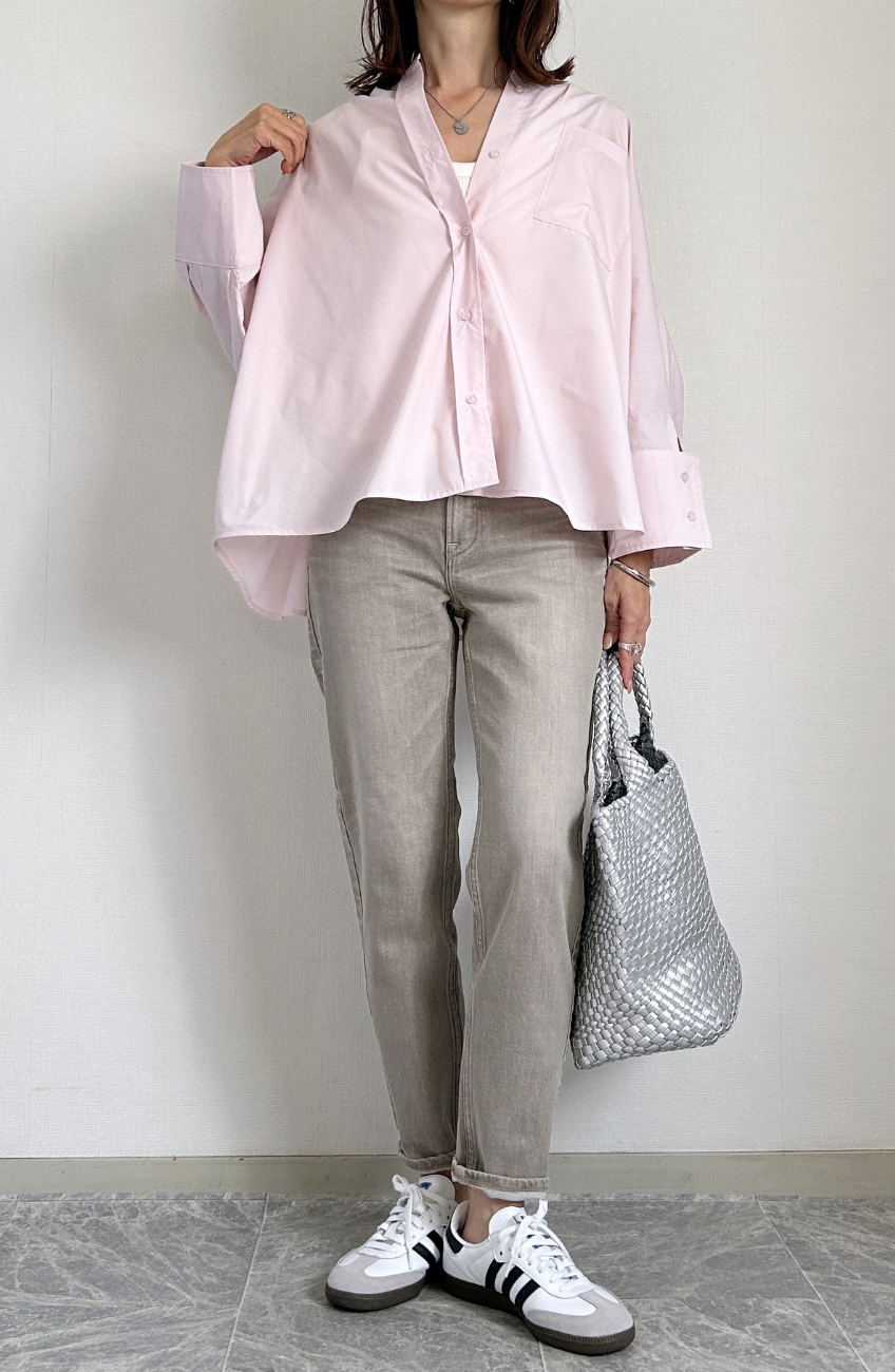 [acoさんコラボ] ノーカラーダブルカフスブラウス