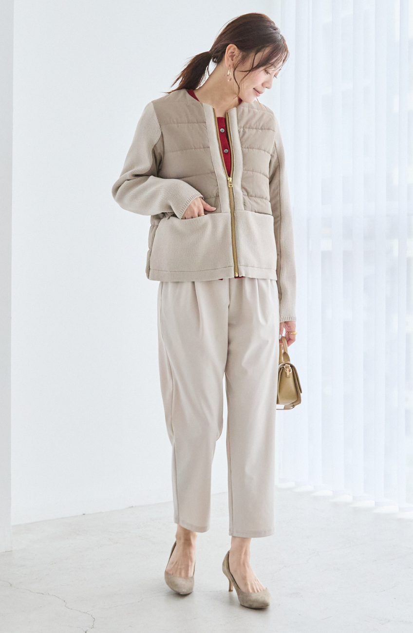 中綿×ニット切替ノーカラージャケット