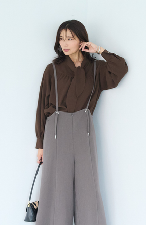 [コーデSET] シルクライクボウタイブラウス＋EC限定 TRドロストオールインワン