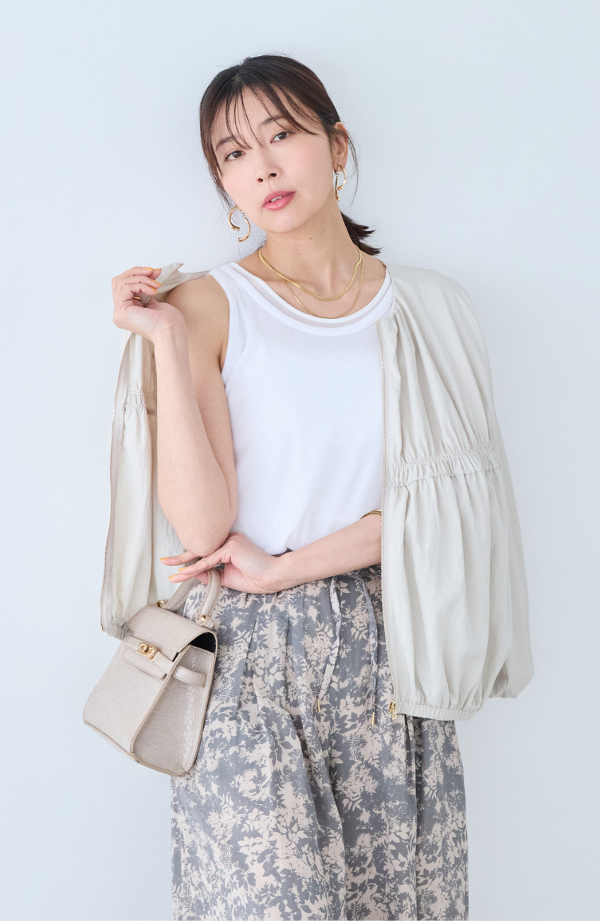 シアーフライス×チュールレイヤードタンクトップ
