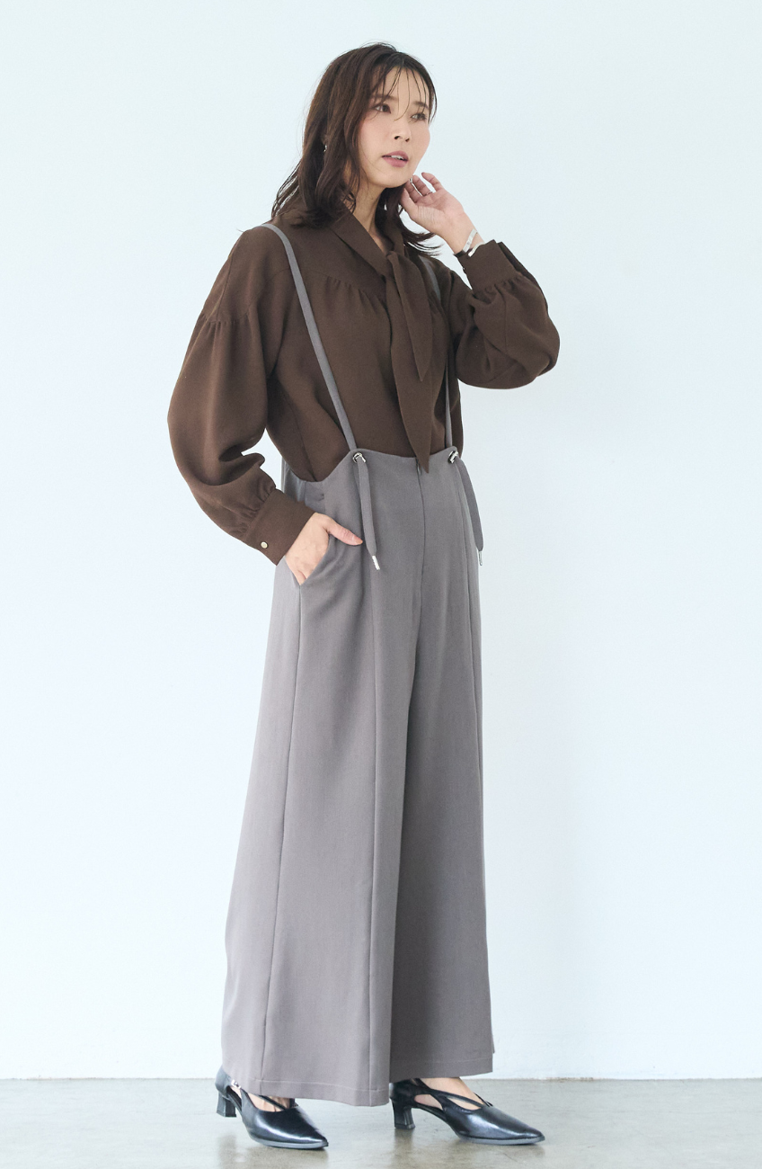 [コーデSET] シルクライクボウタイブラウス＋EC限定 TRドロストオールインワン
