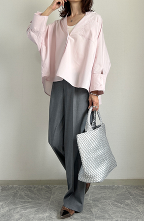 [acoさんコラボ] ノーカラーダブルカフスブラウス