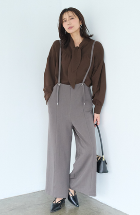 [コーデSET] シルクライクボウタイブラウス＋EC限定 TRドロストオールインワン
