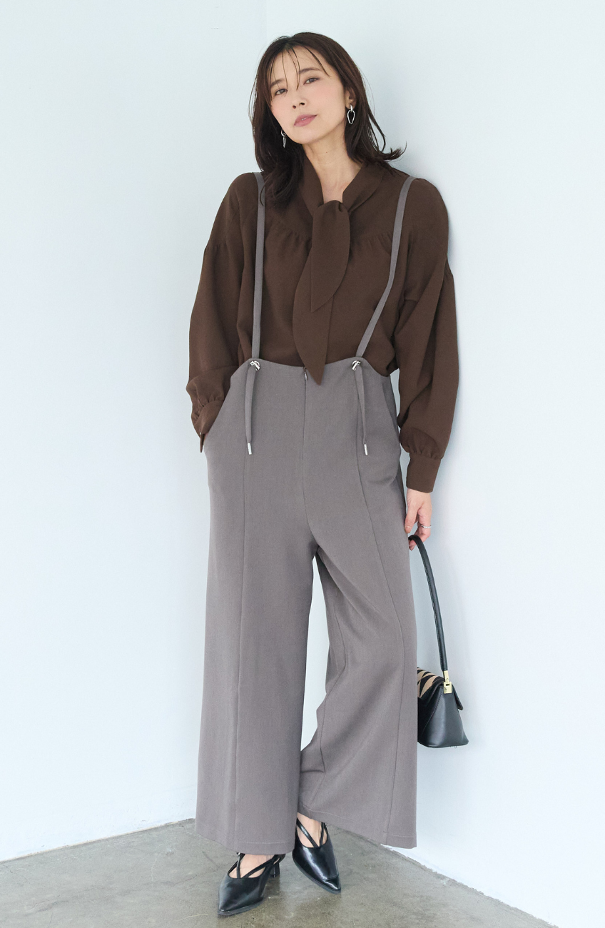 [コーデSET] シルクライクボウタイブラウス＋EC限定 TRドロストオールインワン