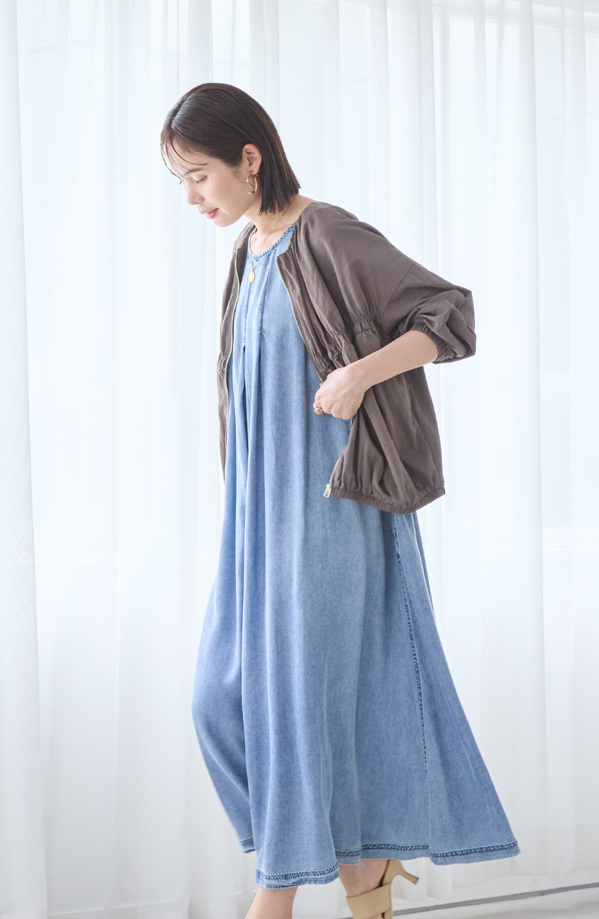 [コーデSET] レーヨンナイロンギャザー切替ブルゾン＋パウダーシルクデニムジップワンピース