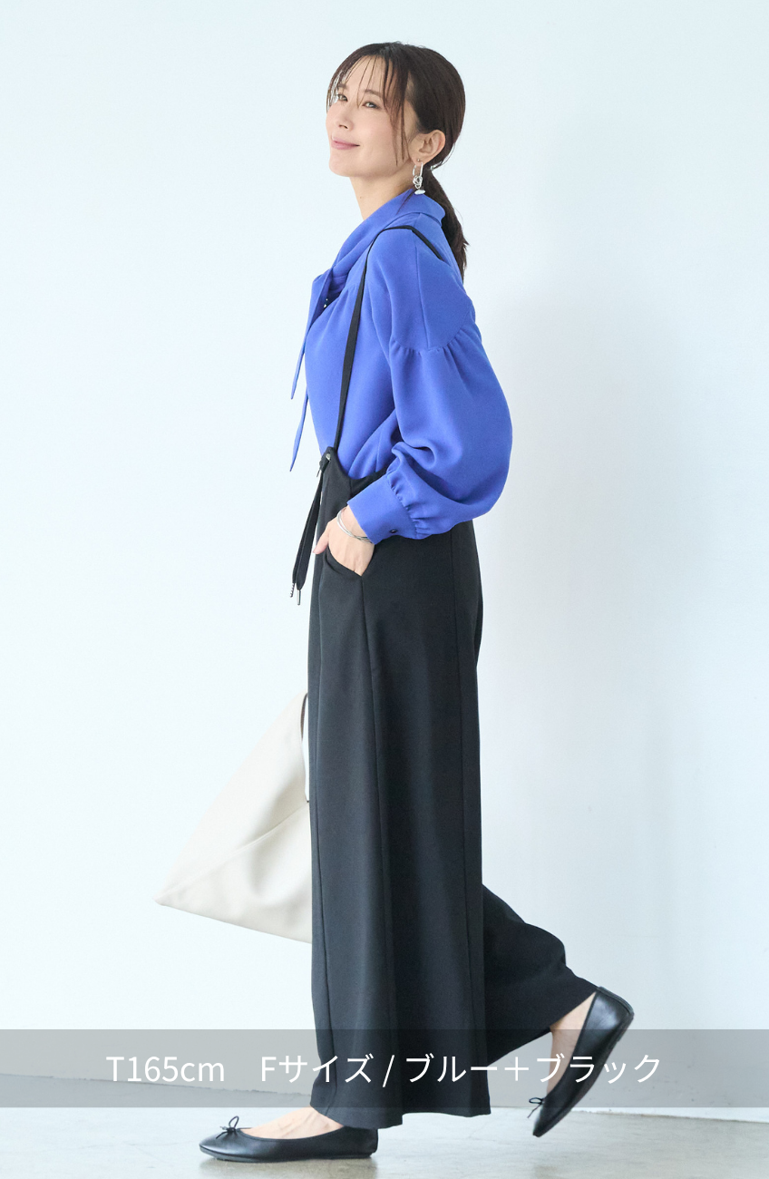 [コーデSET] シルクライクボウタイブラウス＋EC限定 TRドロストオールインワン