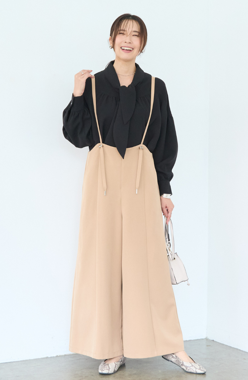 [コーデSET] シルクライクボウタイブラウス＋EC限定 TRドロストオールインワン