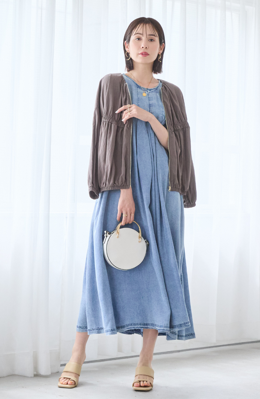 [コーデSET] レーヨンナイロンギャザー切替ブルゾン＋パウダーシルクデニムジップワンピース