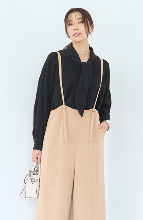 [コーデSET] シルクライクボウタイブラウス＋EC限定 TRドロストオールインワン