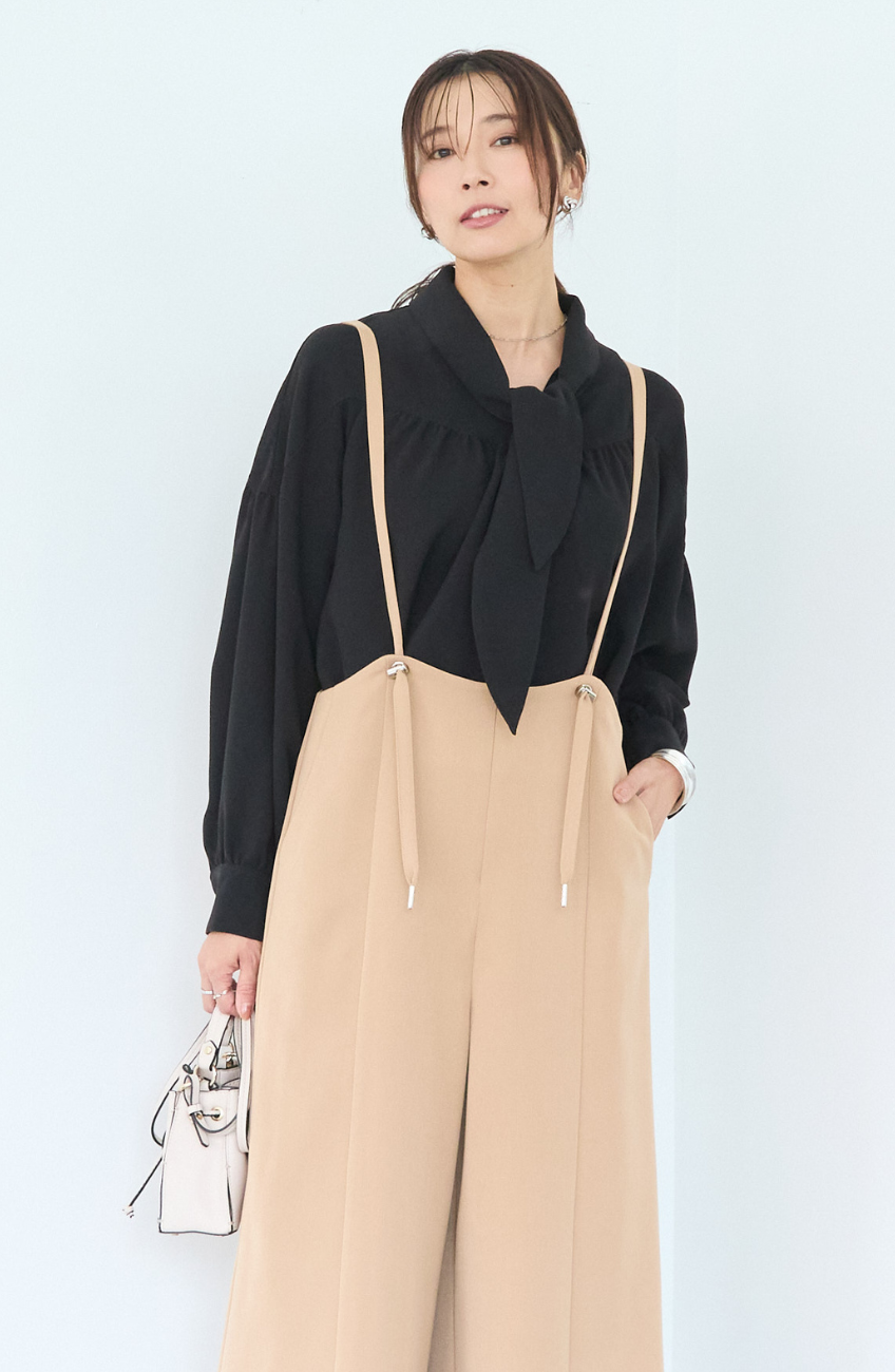 [コーデSET] シルクライクボウタイブラウス＋EC限定 TRドロストオールインワン