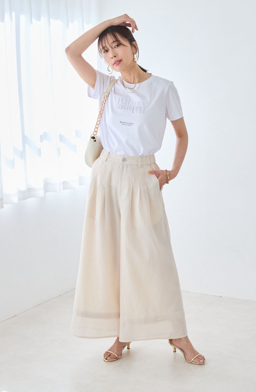 [コーデSET] ドライコットンエンボス×箔ロゴTシャツ＋ドライエステルライン切替パンツ