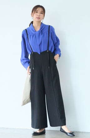 [コーデSET] シルクライクボウタイブラウス＋EC限定 TRドロストオールインワン
