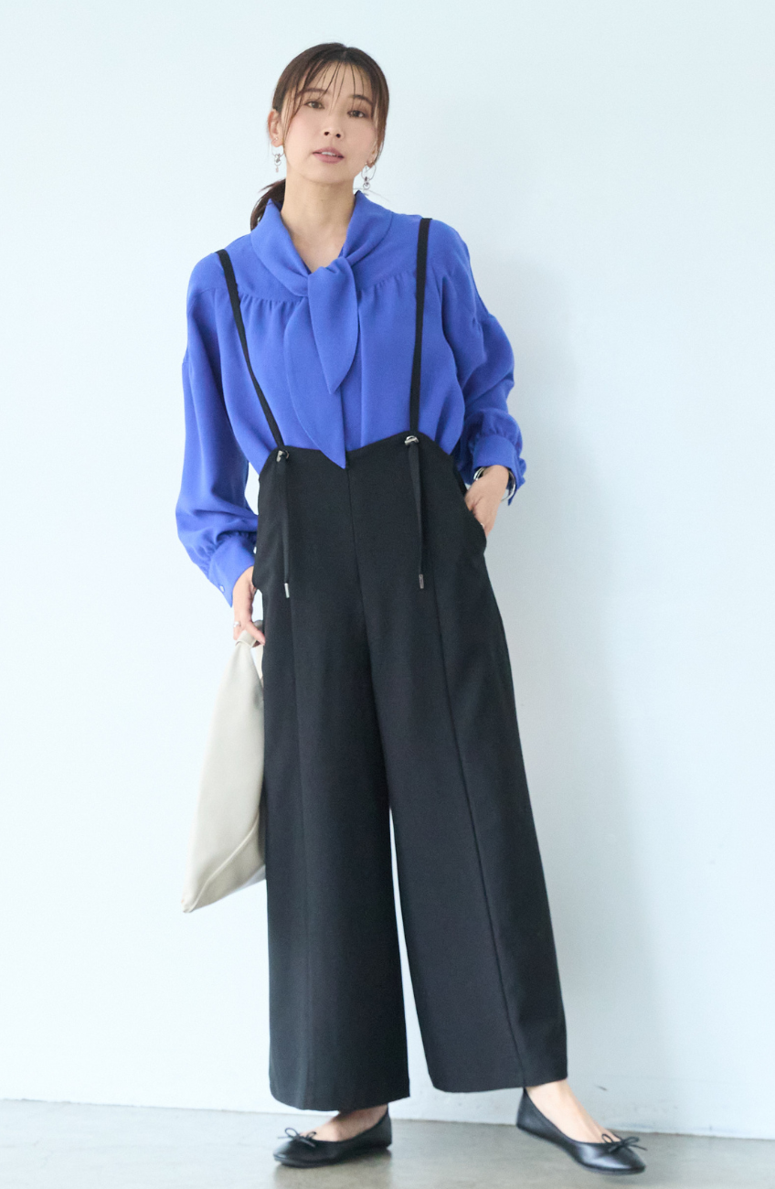 [コーデSET] シルクライクボウタイブラウス＋EC限定 TRドロストオールインワン