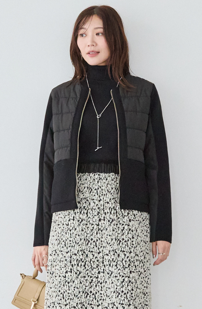 中綿×ニット切替ノーカラージャケット