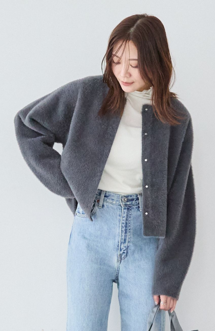 ダブルフェイスフェザーノーカラージャケット