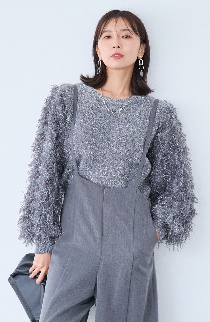 ラメジャガードフリンジスリーブプルオーバー