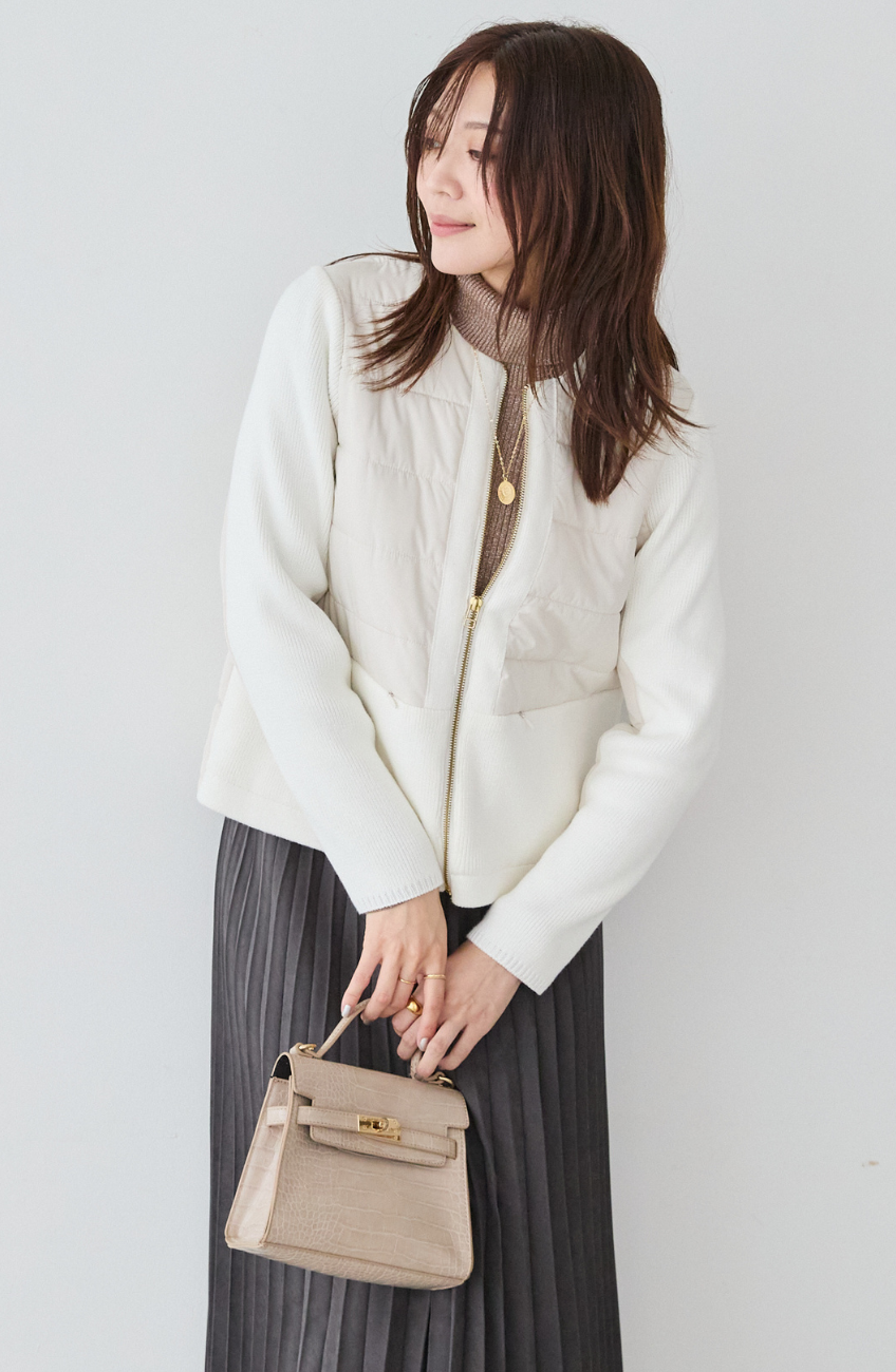 中綿×ニット切替ノーカラージャケット